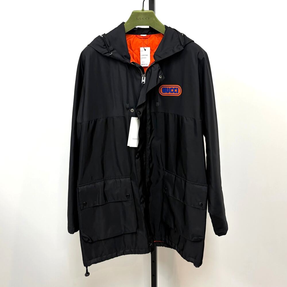 GUCCI Sega Pool Patch Black Nylon Rain Coat 48 NEW Orange Knicks Hooded Jacket